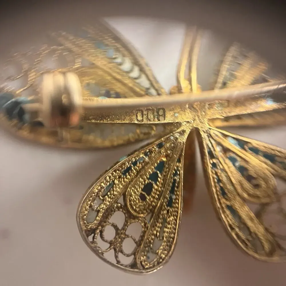 Vintage 800 Silver Filigree Enamel Butterfly Brooch Pin Blue Purple Gold Tone